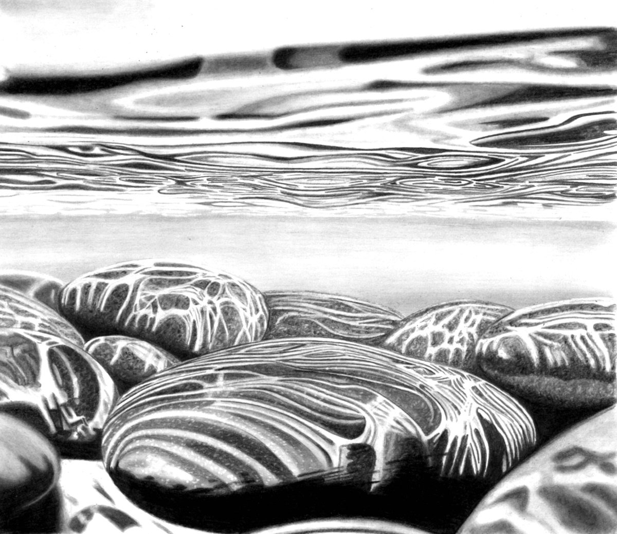 Photorealistic Landscape Pencil Drawing By Paul Stowe, 13 X 11", Under The Sea, Original Artwork