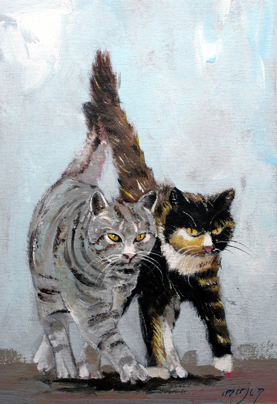 " SPECIAL PRICE,FRIENDS 06 ... " ORIGINAL PAINTING PALETTE KNIFE, GIFT,CATS, OIL ON CANVAS