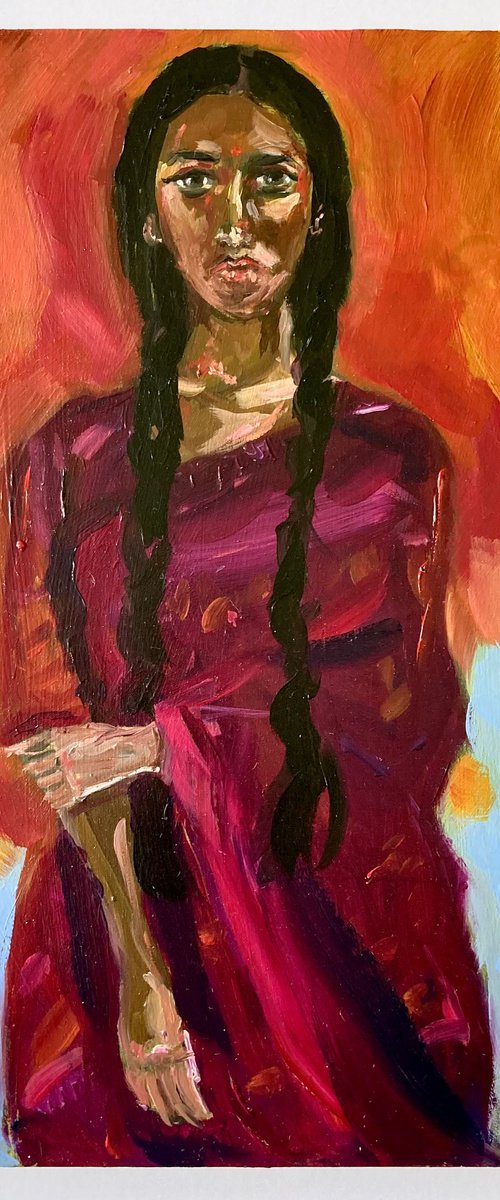 Woman wearing Silk Sari by Sarah Bale