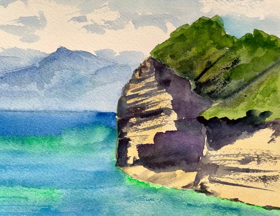 Beach Wall Art, Ocean Painting, Sea Original Watercolor Painting, Greece Landscape Art