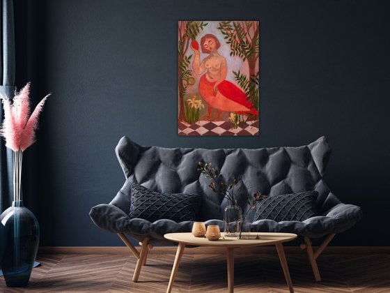 Sirens Art Modern Woman Nude, Bird Woman, canvas, oil - Garden guards 63x90 cm