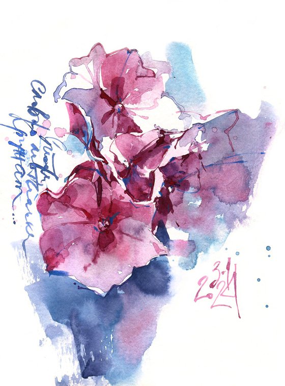 "Hydrangea. Pink Butterflies" original watercolor painting of hydrangea flowers, in small format