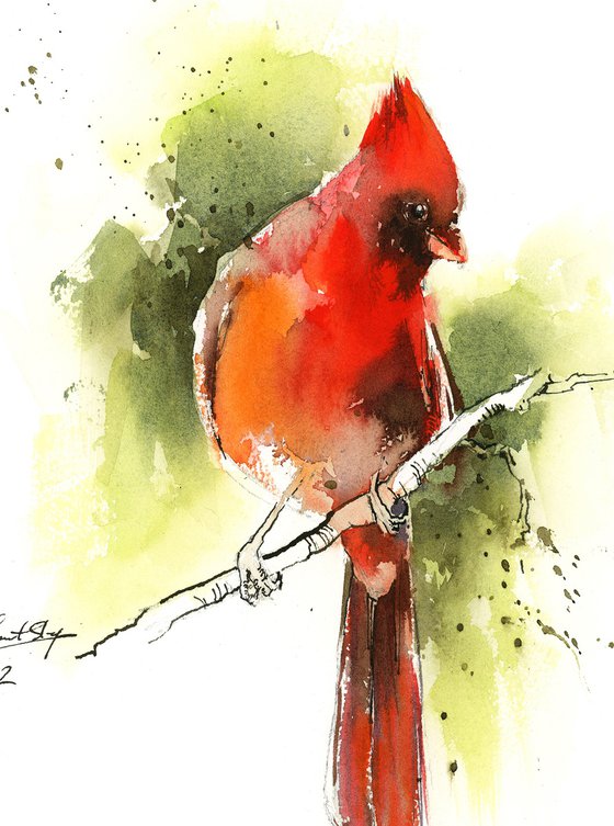 Northern Cardinal Bird Watercolor Painting