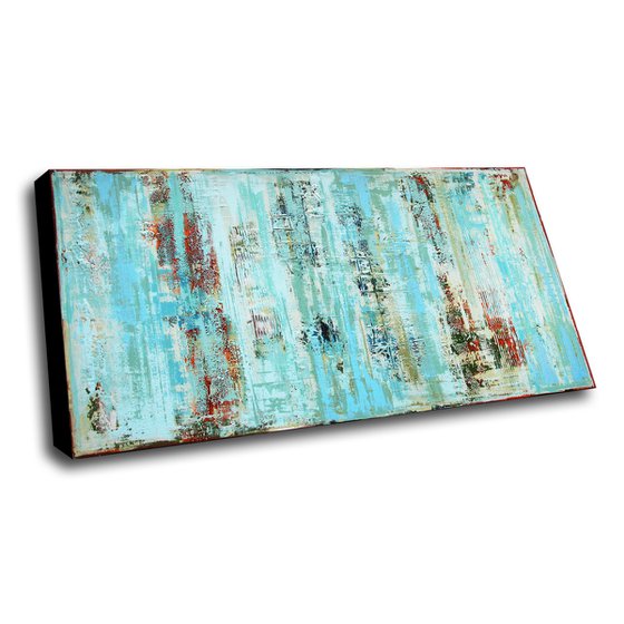 RAINY SEASON - LARGE ABSTRACT PAINTING * BLUE * GREEN * VINTAGE EFFECTS