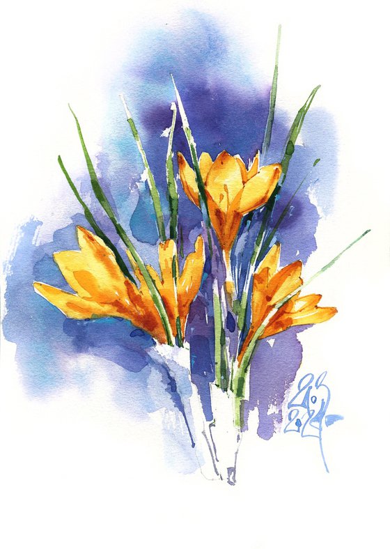 "Fiery" spring flowers crocuses yellow orange watercolours