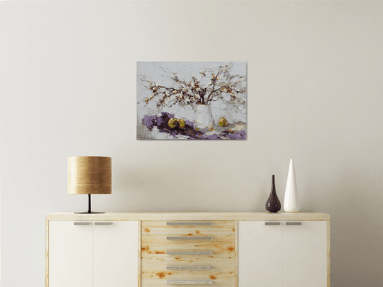 Spring still life with flowering branch Original Oil painting