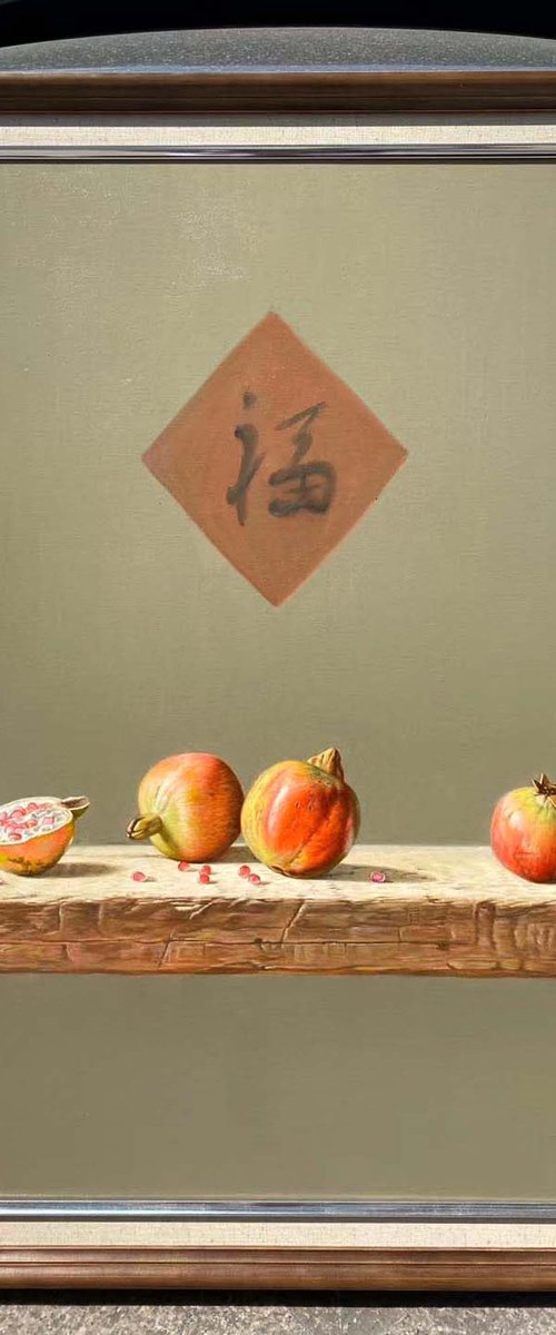 Original Still life oil painting:pomegranate on the table by Kunlong Wang