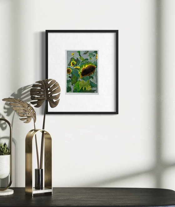 Sunflowers in Abstract Linocut Print