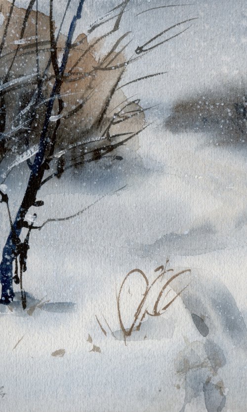 Snowing. Winter landscape. Watercolour by Marina Trushnikova by Marina Trushnikova