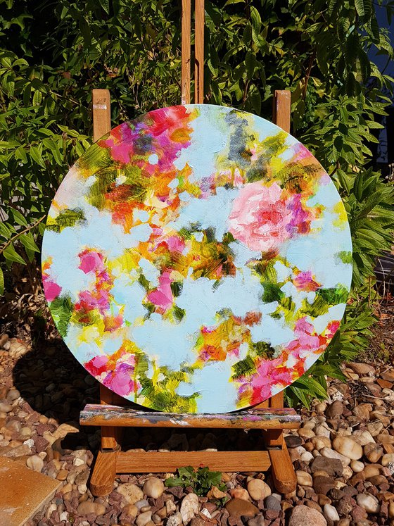 So charming - floral tondo - original flower roses painting on circular canvas