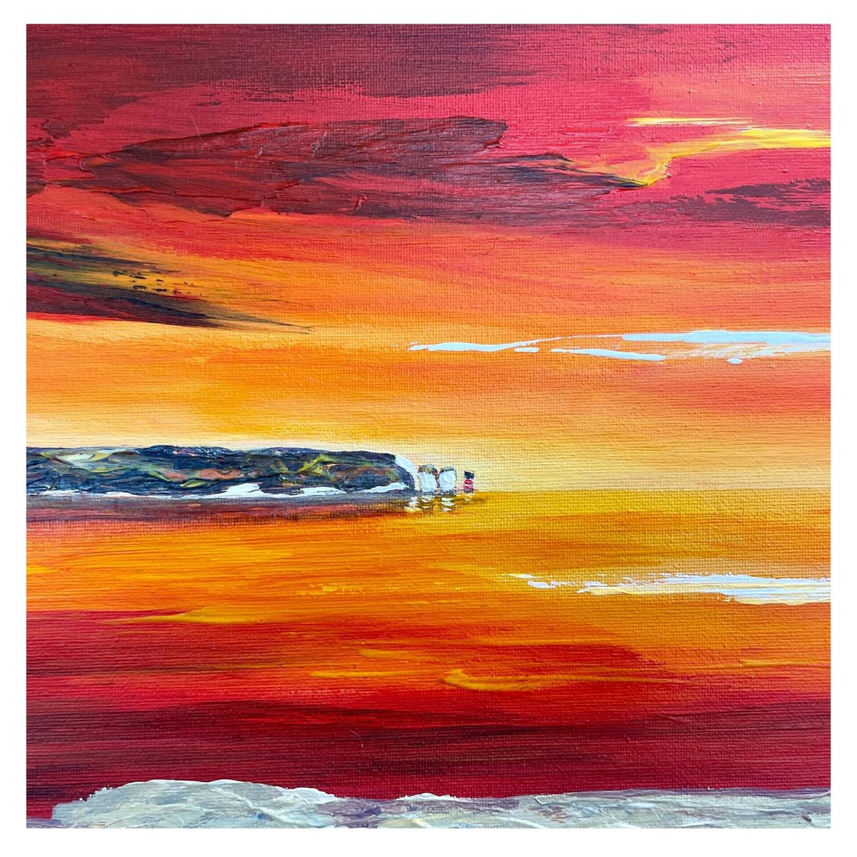 Abstract Landscape Acrylic Painting By Marja Brown, 31 X 12", Solent Sunrise; The Needles From Barton On Sea, Original Artwork