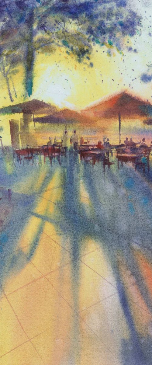 Cafe by the sea. Watercolour landscape by Marina Trushnikova, seascape, sunset by the sea. by Marina Trushnikova