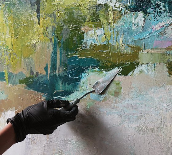 "Thunderstorm" Teal green red abstract art