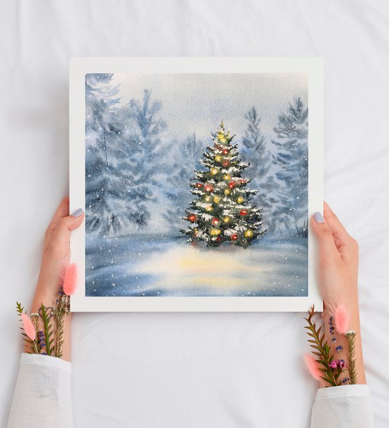 Christmas tree with decorations and garlands in the forest. Original watercolor artwork.