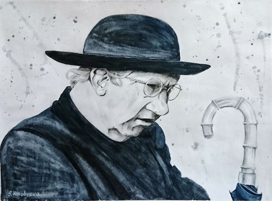 Father Brown. Portrait. Monochrome watercolor painting.