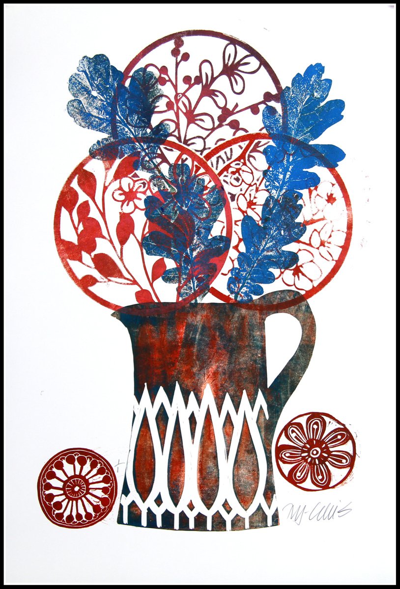 Oak leaves in a jug, linocut with mixed media by Mariann Johansen-Ellis