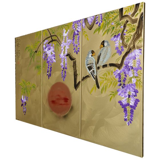 Japanese lilac wisteria and love birds J225 - large gold triptych, original art, japanese style paintings by artist Ksavera