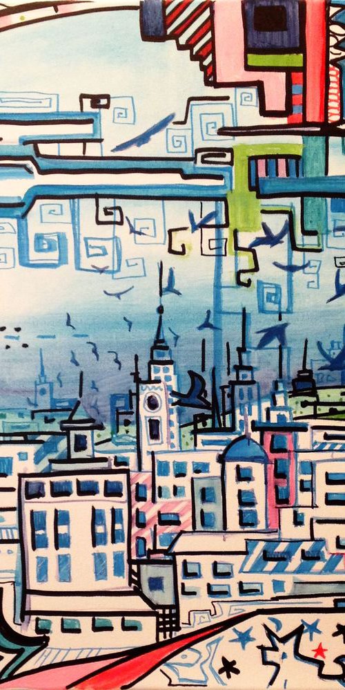 Flock of birds over the city- Original acrylic painting- 46 x 55 cm ( 18' x 23' ) by Carlo Toma
