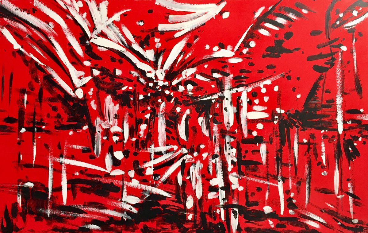 Expressive Abstract Acrylic Painting By Altin Furxhi, 37 X 26, Abstract Red., Original Artwork