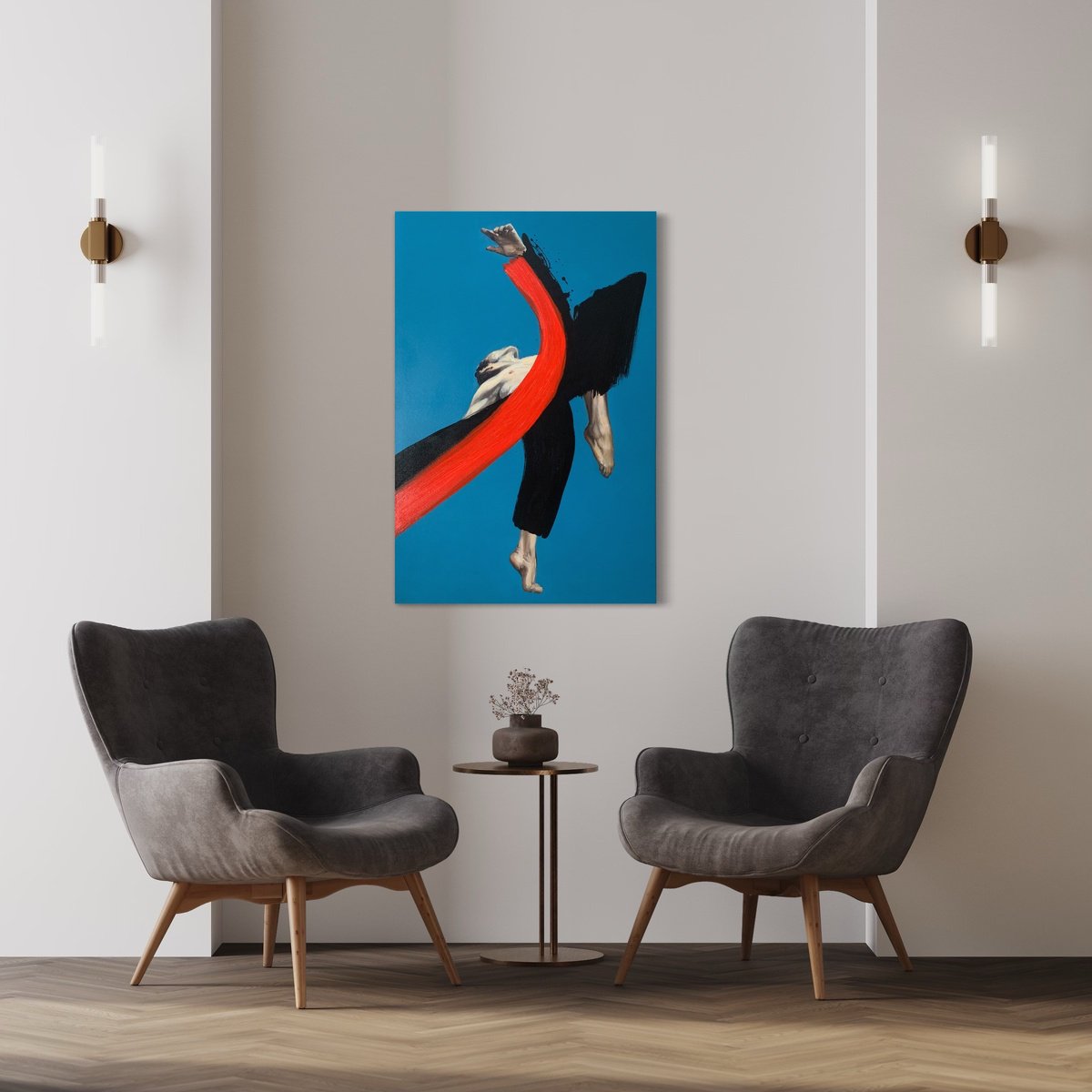 DANCE - OIL PAINTING, UNUSUAL GIFT, RED LINE PAINTING by Anzhelika Klimina