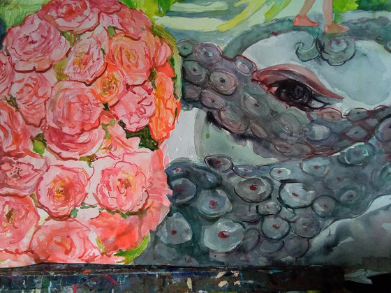 Girl With Octopus And Roses