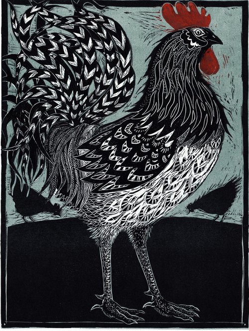 Cockerel and Hens by Mary Hick