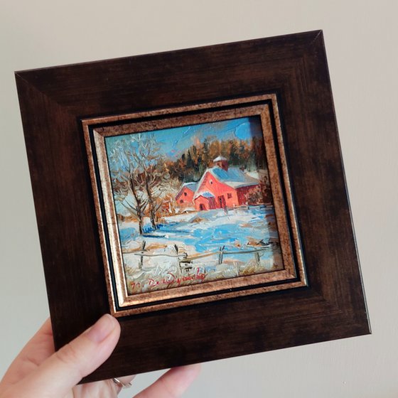 Snow Chrunch oil painting original, Winter landscape painting small art framed, Miniature painting guest gift
