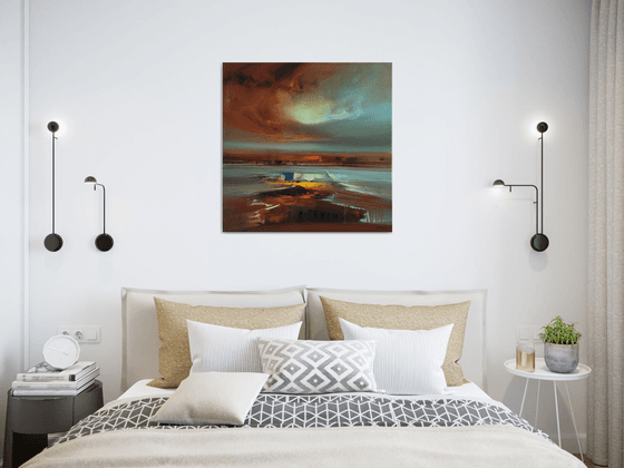 The Arrival - 70 x 70 cm, abstract landscape oil painting in brown and blue