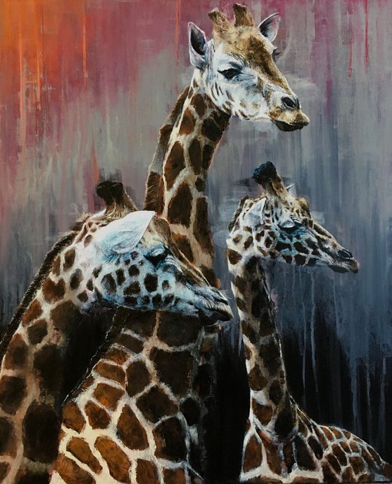 Giraffes in grey, original painting, orange