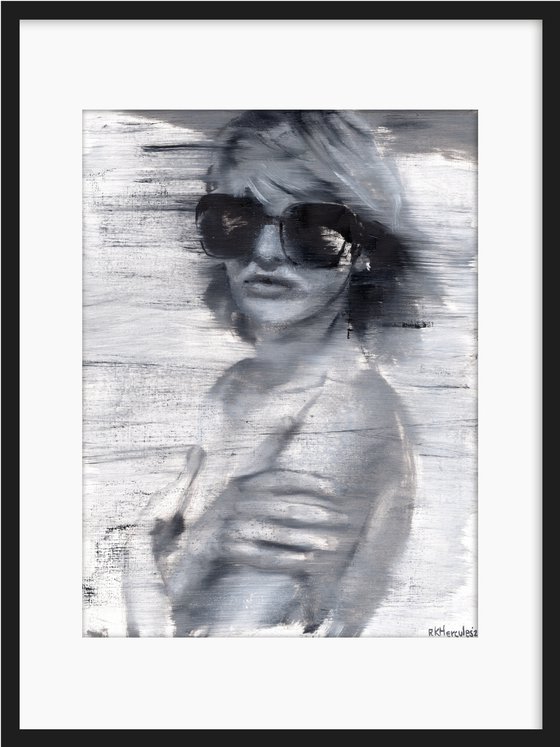 Aivita | Black and white oil painting on paper | beautiful powerful make up fashion muse sunglasses summer vibe woman lady