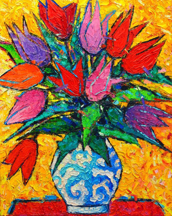 COLOURFUL TULIPS - modern impressionist palette knife oil painting