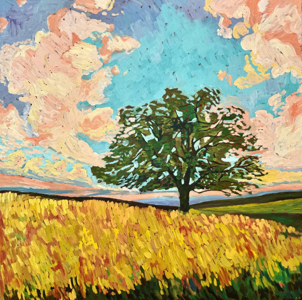 Impressionistic Landscape Oil Painting By Zulfiya Mukhamadeyeva, 28 X 28", Tree Field, Original Artwork