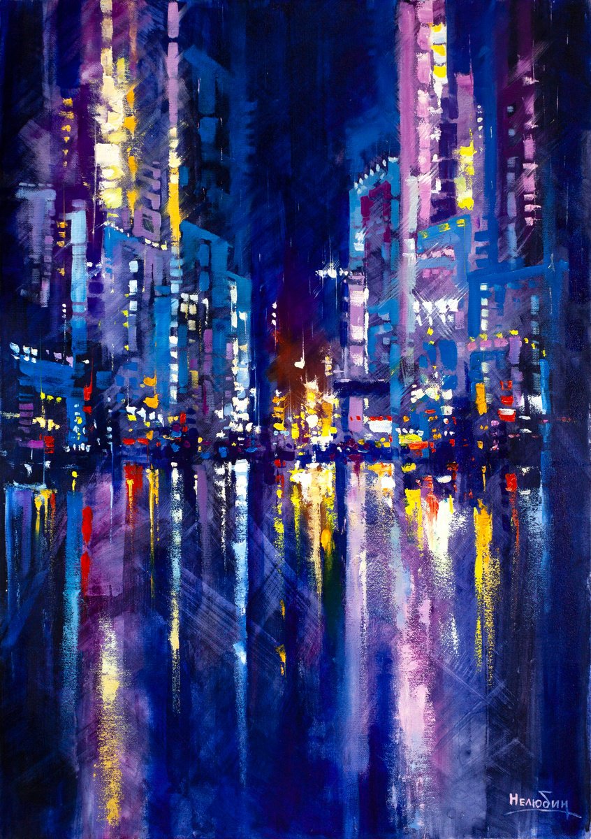 Abstract Cityscapes Oil Painting By Aleksandr Neliubin, 24 X 33, Reflection Of The City, Original Artwork