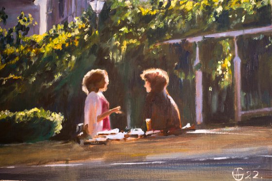 Picnic in Paris. Parisians series. Cityscape with two girls talking in Montmartre Park. Original oil painting. Contrast bright city urban landscape view sun light.