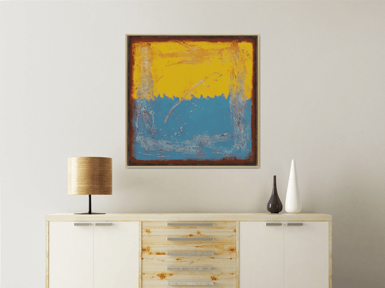 Once in Yellow & Blue Square - Ronald Hunter - Abstract Painting - Incl Frame - 34A