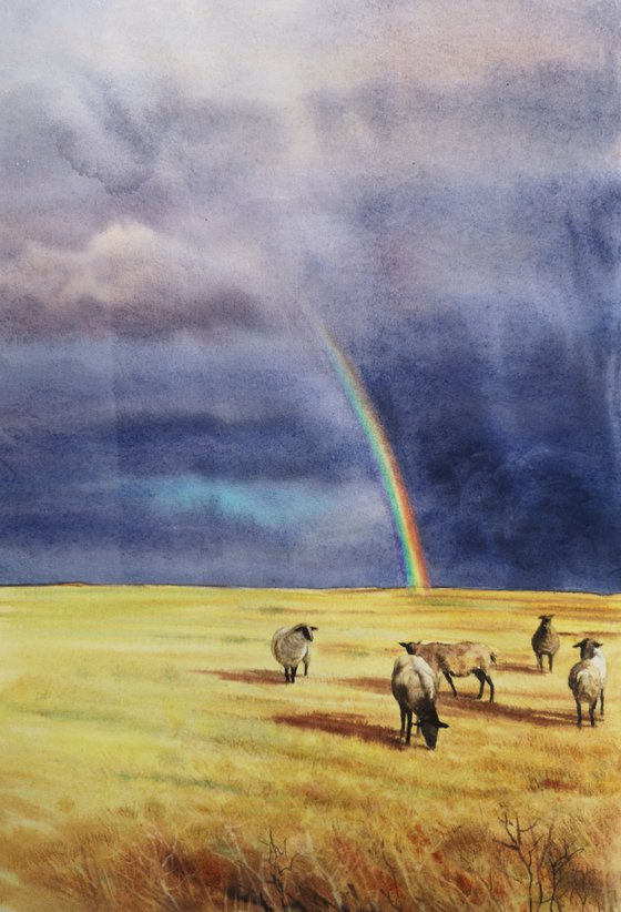 Grazing Sheep - watercolor - rainbow over a yellow field