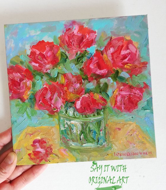 Red Roses in Vase | Small Oil Painting on Canvas Board 8x8 in (20x20cm)