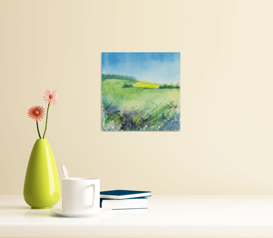 Yellow field Painting, Original Landscape Painting, Original Watercolour Painting, Square format