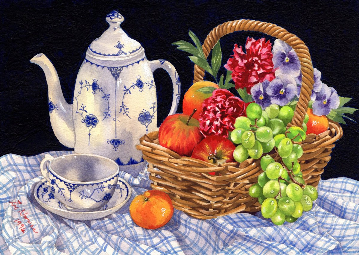 Photorealistic Botanical Painting By Zoe Elizabeth Norman, 12 X 8", Blue Denmark Coffee Pot, Original Artwork