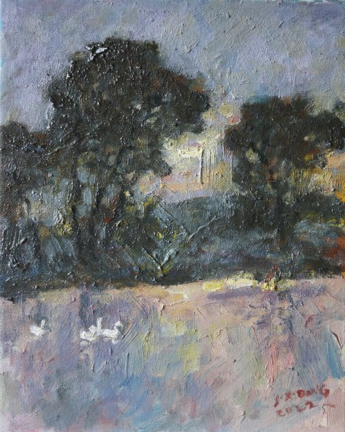 Original Oil Painting Wall Art Signed unframed Hand Made Jixiang Dong Canvas 25cm × 20cm Landscape Morning by the Mesopotamia River Oxford Small Impressionism Impasto by Jixiang Dong