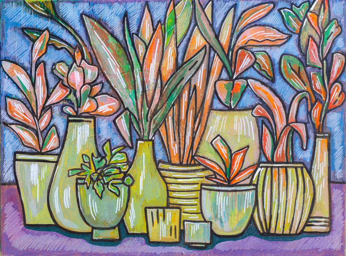 Illustrative Botanical Acrylic Painting By Ariadna De Raadt, 16 X 12, Home Plants In Vase, Original Artwork