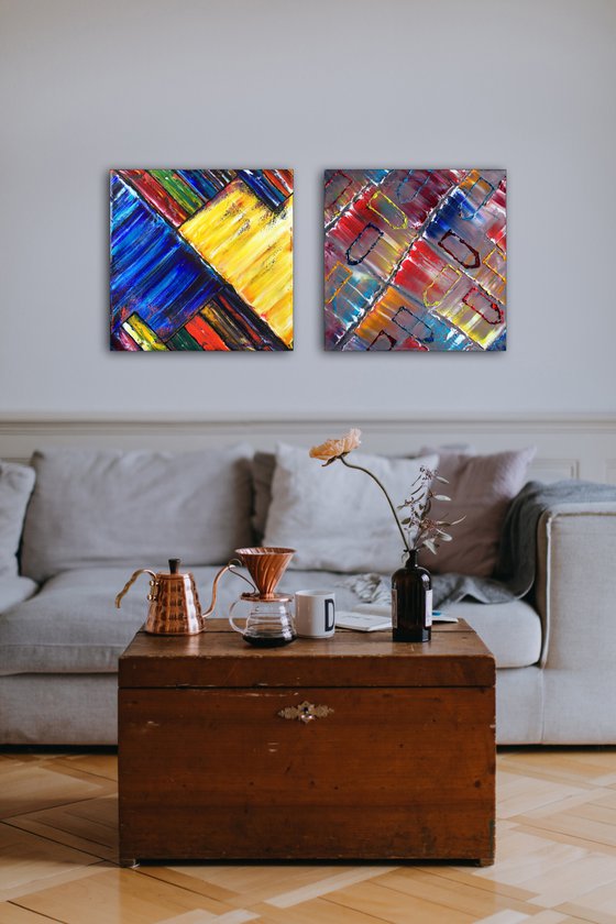 "Are We So Different?" - FREE USA SHIPPING - Save As A Series - Unique PMS Geometric Oil Painting Diptych On Canvas - 40" x 20"