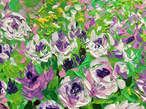 FIELD OF PURPLE PINK WHITE  ROSES  palette knife modern decor MEADOW OF FlOWERS, LANDSCAPE,  office home decor gift