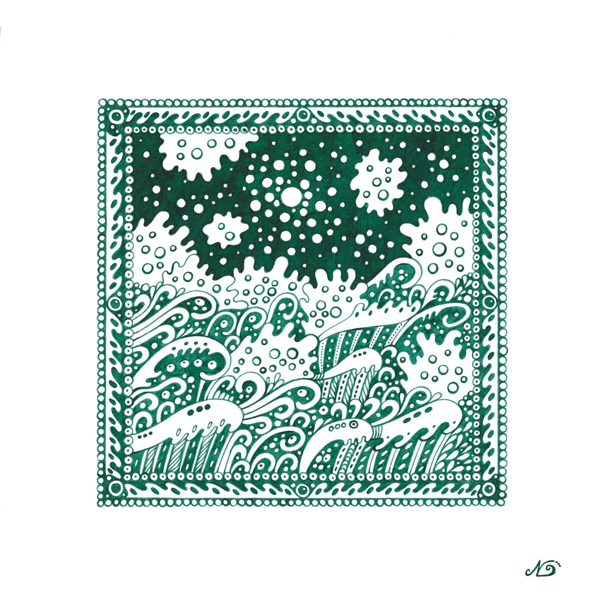 Organic Landscape Ink Drawing By Veronika Demenko, 9 X 9", Surreal Pattern N.61, Original Artwork