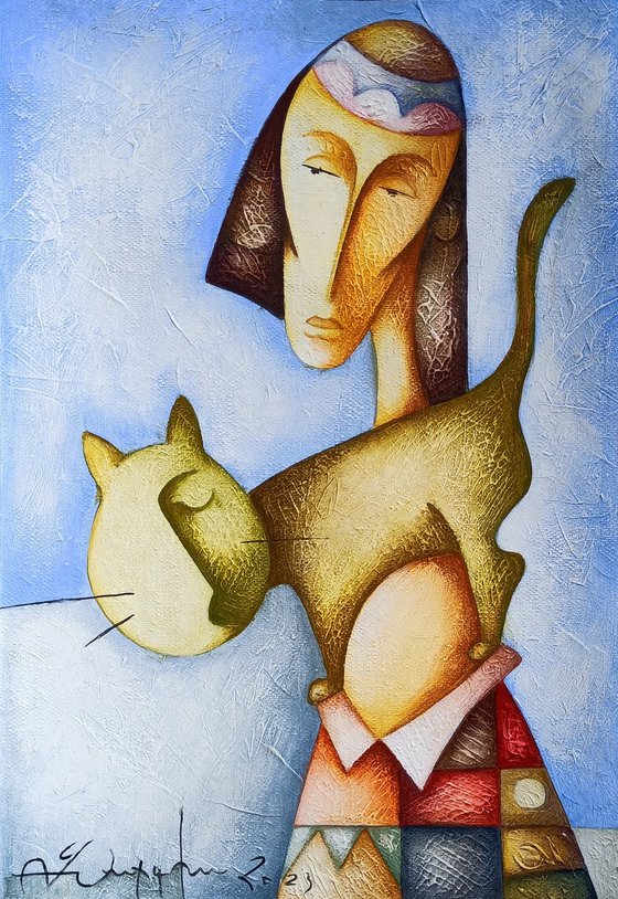With my cat(35x25cm, acrylic/canvas, ready to hang)