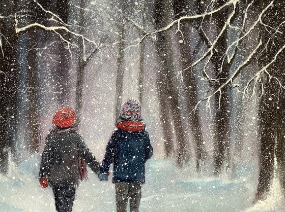 Winter scene, children in the snow