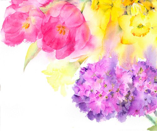 Original watercolour painting of spring flowers - Tulips, Daffodils and Primroses II by Anjana Cawdell