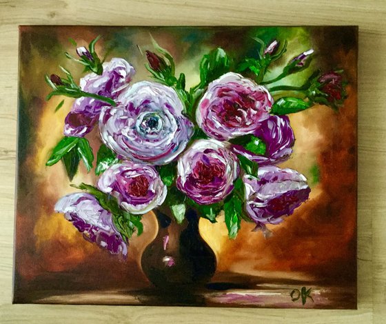 BOUQUET OF PURPLE ROSES palette knife modern red pink purple  still life  flowers Dutch style office home decor gift