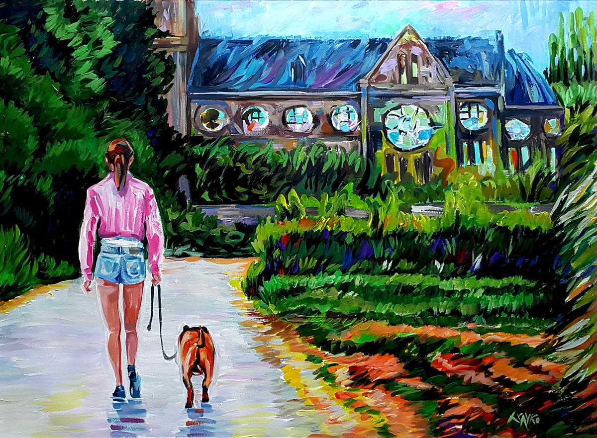 Impressionistic Portrait Acrylic Painting By Trayko Popov, 30 X 22", Dog Walking, Original Artwork