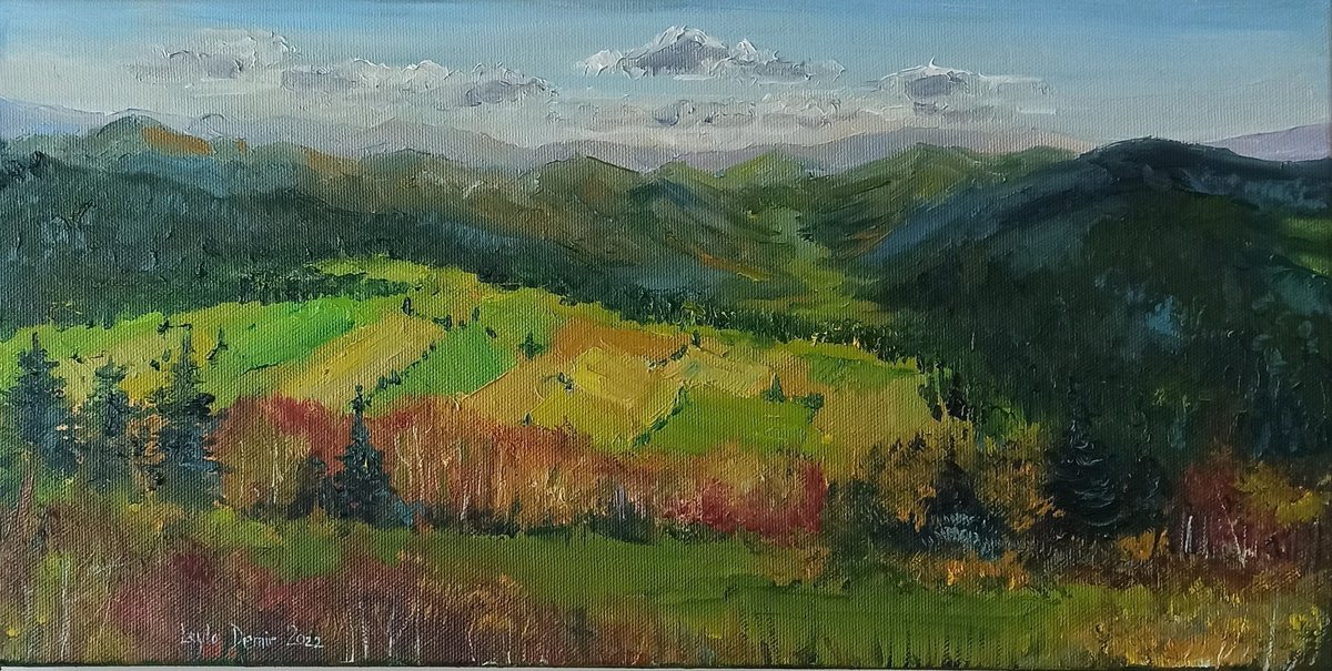 Impressionistic Landscape Oil Painting By Leyla Demir, 20 X 10", Mountains Forest And Fields, Original Artwork